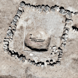 Aerial view of skeleton surrounded by stones