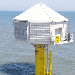 Bird box structure near an offshore wind farm in the North Sea.