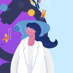 What really happens during a clinical trial. Vector art of woman with biomolecules and microscope on a purple background