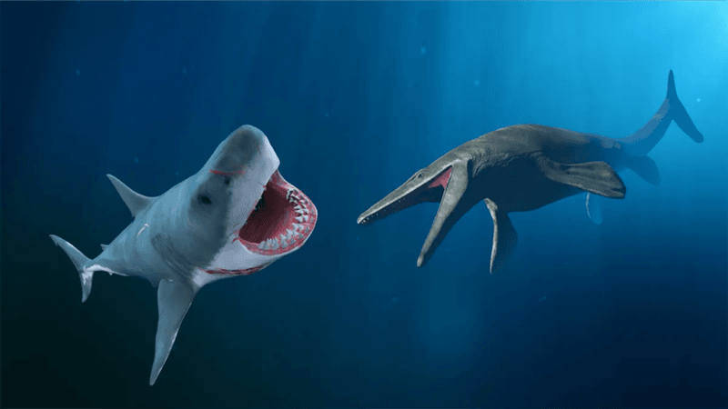 Computer generated images of a Megalodon and a Mosasaurus encountering one another in the open water.