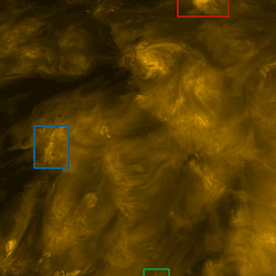 Three example of the solar corona behavior in ultraviolate are shown in this zoomed up image of the sun.