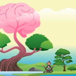 A monkey meditating under a tree. Part of the tree looks like a brain.