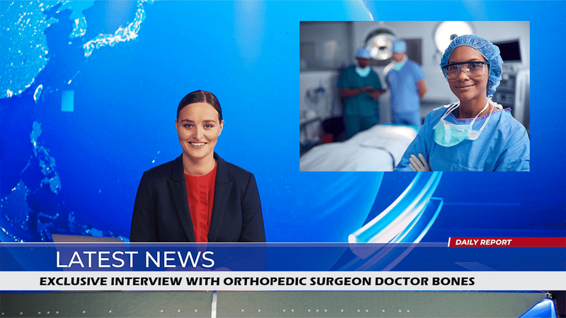 news presenter interviewing orthopedic surgeon doctor bones