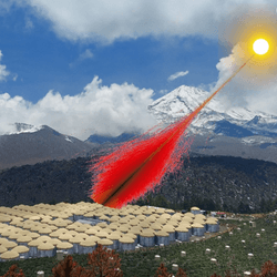 Composite image showing a photograph of the High-Altitude Water Cherenkov Observatory in Mexico observing particles, whose paths are shown as red lines, generated by high-energy gamma rays from the sun