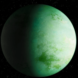 An illustration of a green planet.