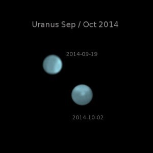 These images of Uranus demonstrate what can be done with a 16-inch Newtonian telescope. The two images show the development and movement of a storm. 650-850nm filter and PGR GS3-U3-2356M camera.