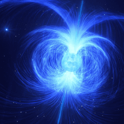 Artist's impression of the helium-rich star HD 45166, showing its magnetic fields and its companion star in the background.