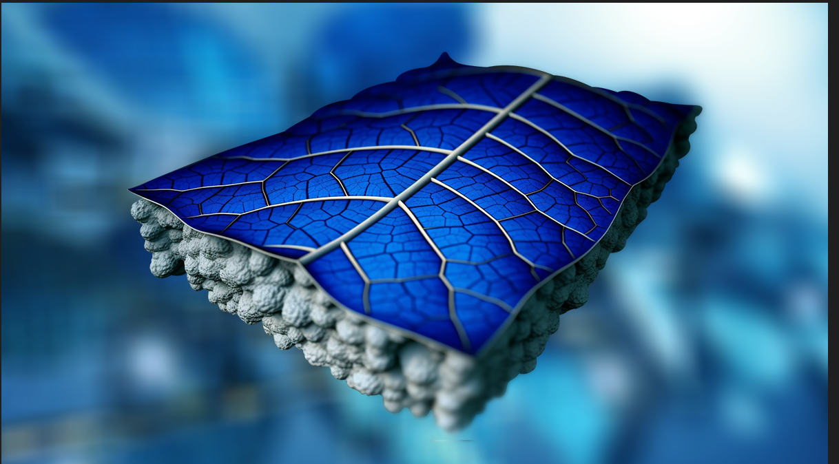 3D illustration of PV-leaf, which appears like a blue leaf with silver veins, with a grey blobby material underneath