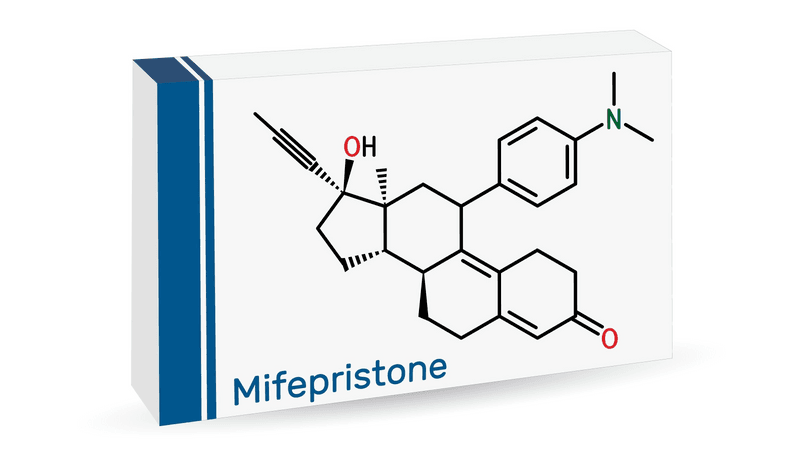 Computer generated image of a box of mifepristone, labeled with its chemical diagram