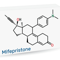 Computer generated image of a box of mifepristone, labeled with its chemical diagram