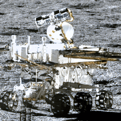 The chinese rover with its siz wheels over the surface of the Moon. 