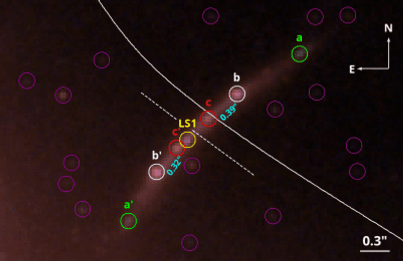 Enlarged color image of Mothra’s arc and its surroundings based on a combination of Hubble and JWST images, magenta circles indicate unresolved objects