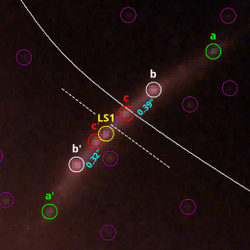 Enlarged color image of Mothra’s arc and its surroundings based on a combination of Hubble and JWST images, magenta circles indicate unresolved objects