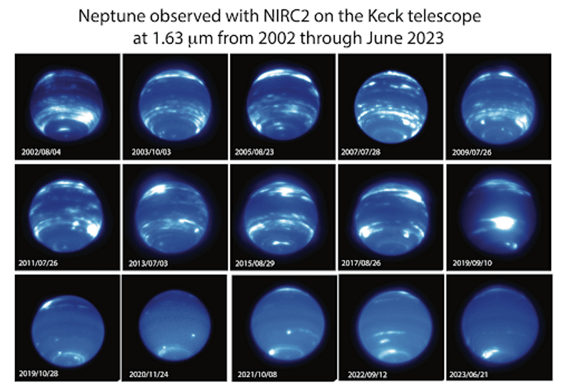 Changes to Neptune's clouds over recent years as seek\n by the Keck Telescope. Other instruments, such as the Hubble Space Telescope, provide similar results.