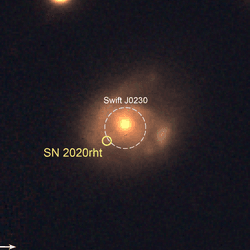 An optical image of the galaxy in which the new event occurred, taken from archival PanSTARRS data. The X-ray object was located to somewhere inside the white circle, which is about the size a pinhead 100m away would appear. The position of a 2 year old supernova is also shown. 