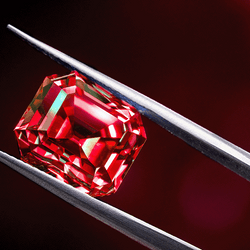 Red diamond held in silver steel tweezers