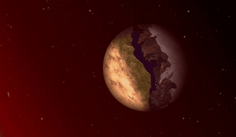 Artist's impression of a world  with a thin habitable zone between hot desert on the sunside and a solid cap of ice facing eternal night.