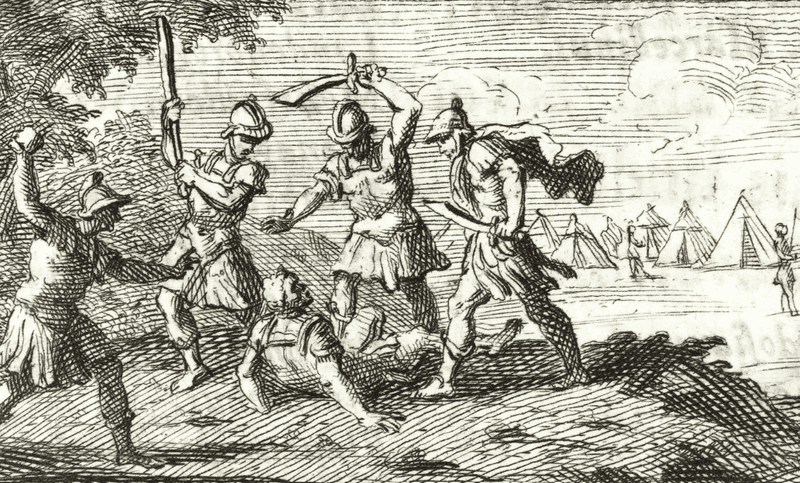 Drawing of Roman soldiers attacking another soldier. 