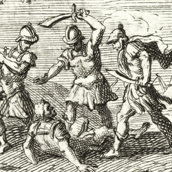 Drawing of Roman soldiers attacking another soldier. 