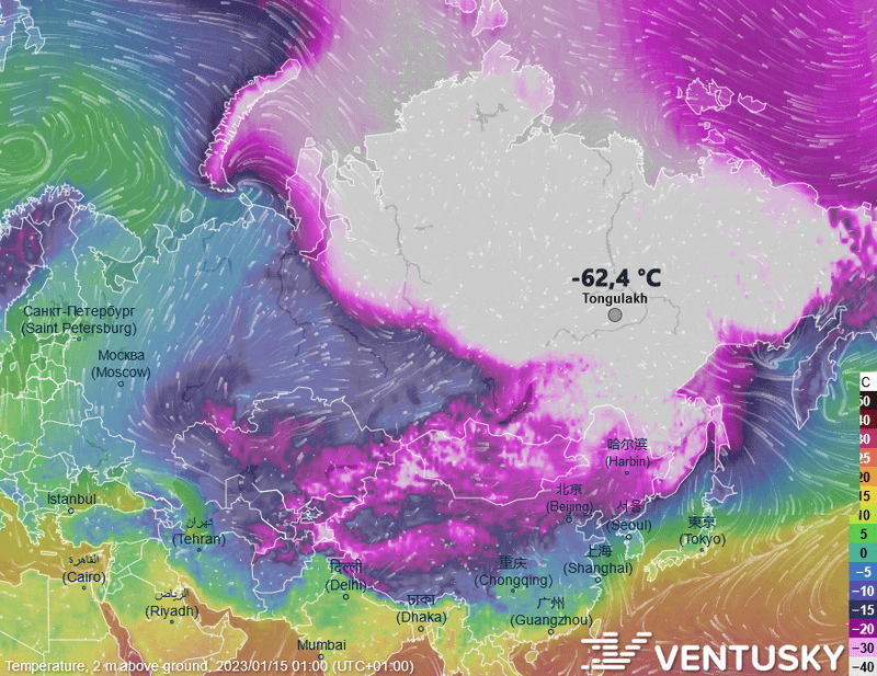 A map of Siberia showing air temperatures in winter.