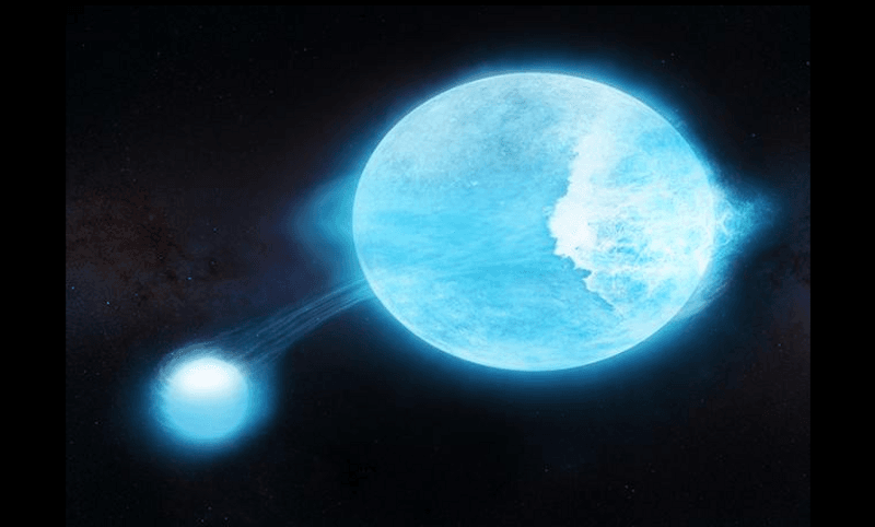 Artist's impression of MACHO 80.7443.1718 where a smaller star raises immense tides that break on the giant star