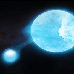 Artist's impression of MACHO 80.7443.1718 where a smaller star raises immense tides that break on the giant star