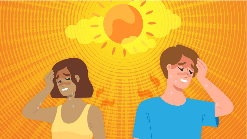 cartoon man and woman under the hot sun