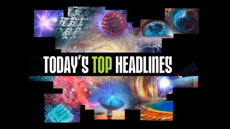 Different images such as a virus, x-ray, lake and eyeball arranged on a black background with the Today's Top Headlines written in capital letters in the middle.