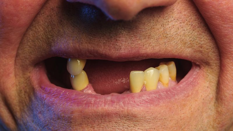 Periodontal disease and missing teeth in an elderly man. Close up shot of a toothless male mouth. Man showing his rotten teeth, caries, decayed and weak enamel, teeth falling out, dental problems