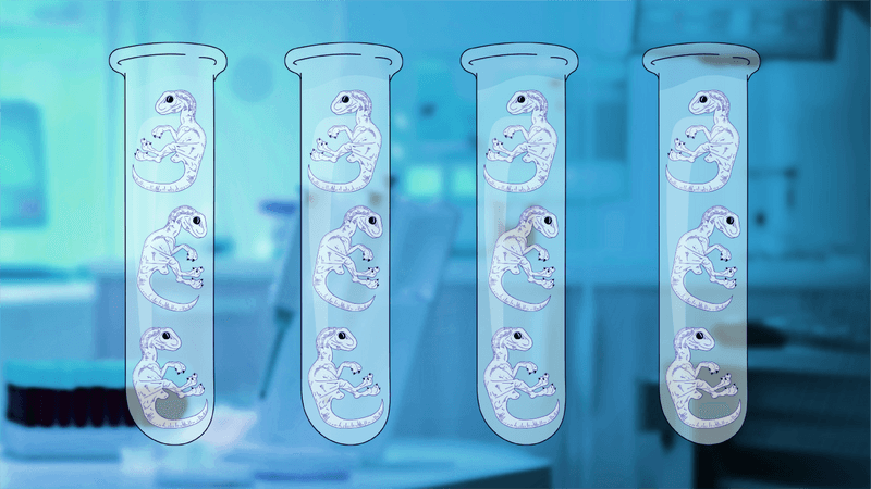 Ilustration showing tests tubes with baby diosaurs inside fin front of what looks like a blue-lit lab