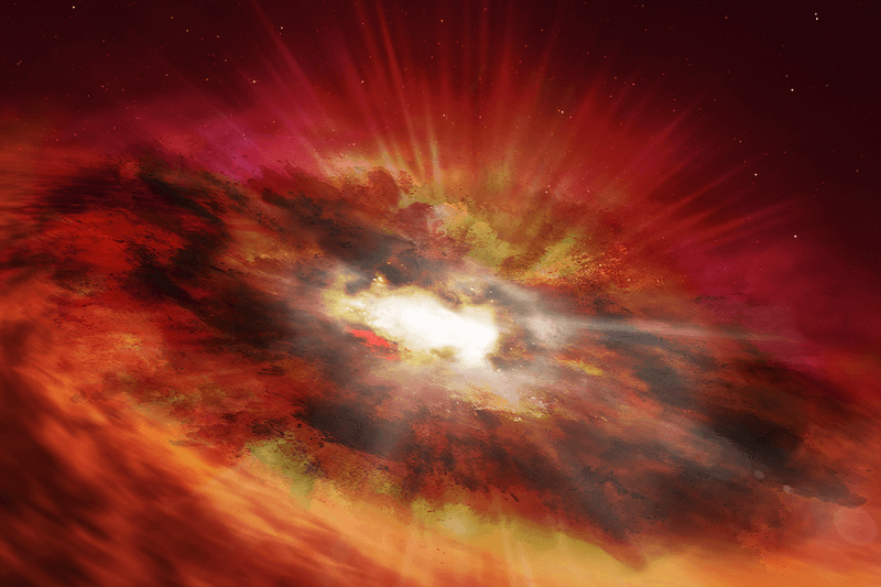 This artist's impression is of a supermassive black hole that is inside the dust-shrouded core of a vigorously star-forming "starburst" galaxy. It will eventually become an extremely bright quasar once the dust is gone. Discovered in a Hubble deep-sky survey, the dusty black hole dates back to only 750 million years after the Big Bang.