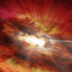 This artist's impression is of a supermassive black hole that is inside the dust-shrouded core of a vigorously star-forming "starburst" galaxy. It will eventually become an extremely bright quasar once the dust is gone. Discovered in a Hubble deep-sky survey, the dusty black hole dates back to only 750 million years after the Big Bang.