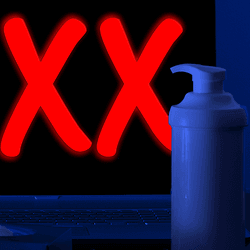 The letters "XXX" on a computer screen. Lotion and tissues on standby.