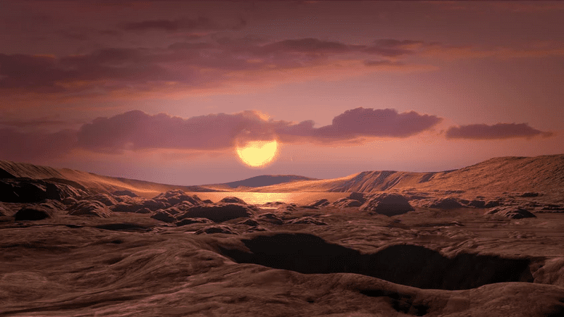 An alien rocky terrain is seen in the foreground a and in the sky clouds and an orangy star