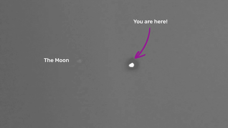 A tiny white dot is the Moon orbiting the slightly bigger tiny white dot that is Earth witha 'you are here' sign as seen by Mars Express orbting Mars 